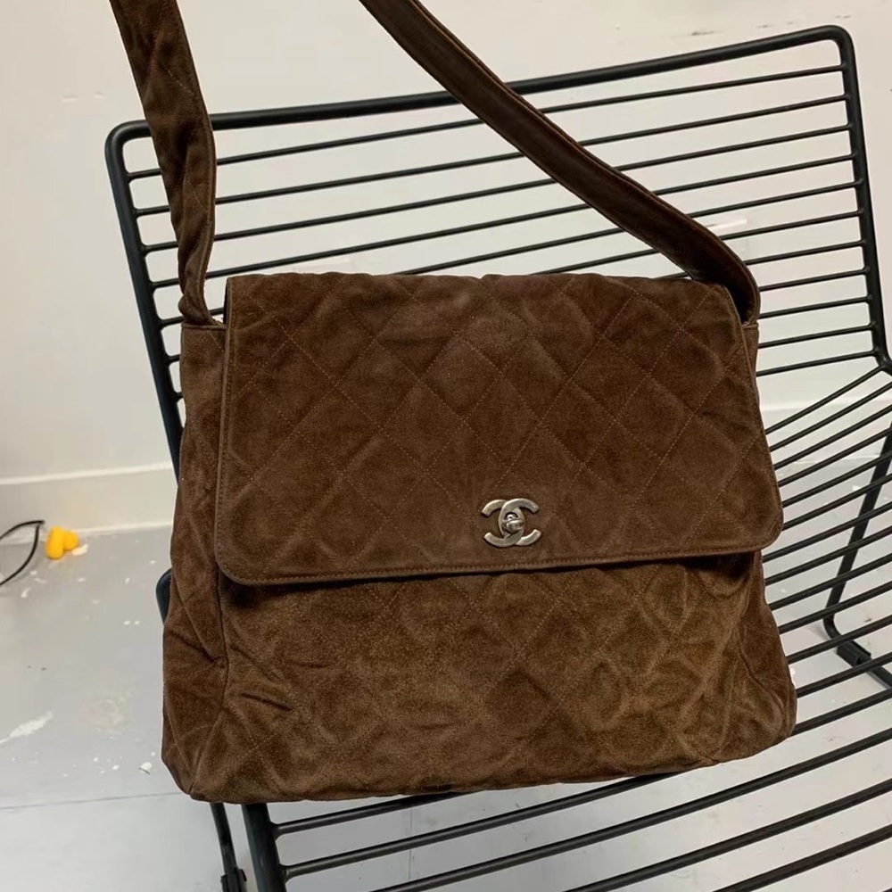 CHANEL Brown Quilted Suede Shoulder Bag with Silver CC Turnlock